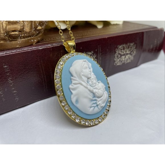 Anniversary mom Gift Blue White Wedding Jesus Cameo Mother Child Gold Crystal - Picture 4 of 9